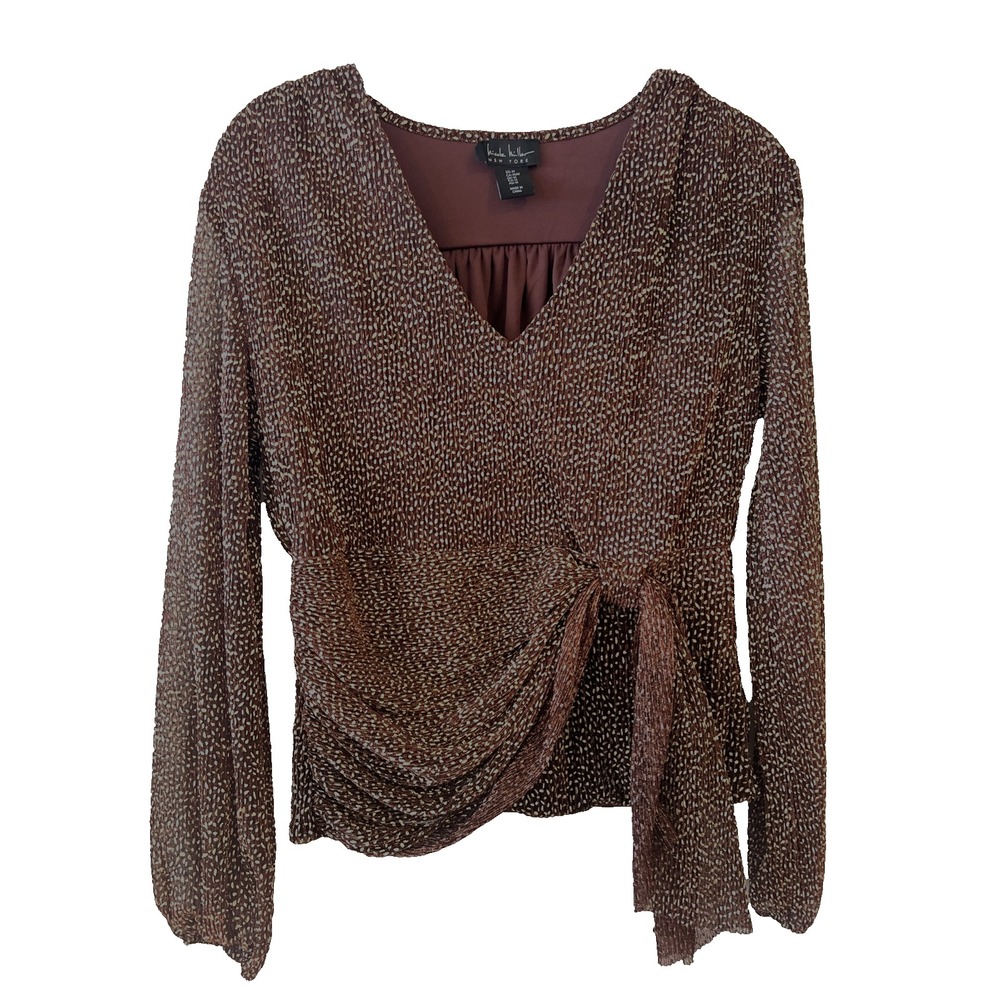 Nicole Miller Metallic Faux-Wrap Peplum Top Size Medium Sparkly Brown Gold
